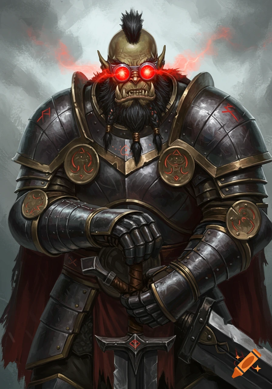 Digital painting of an orc knight in armor with glowing red goggles, a beard, and a mohawk, holding a sword.