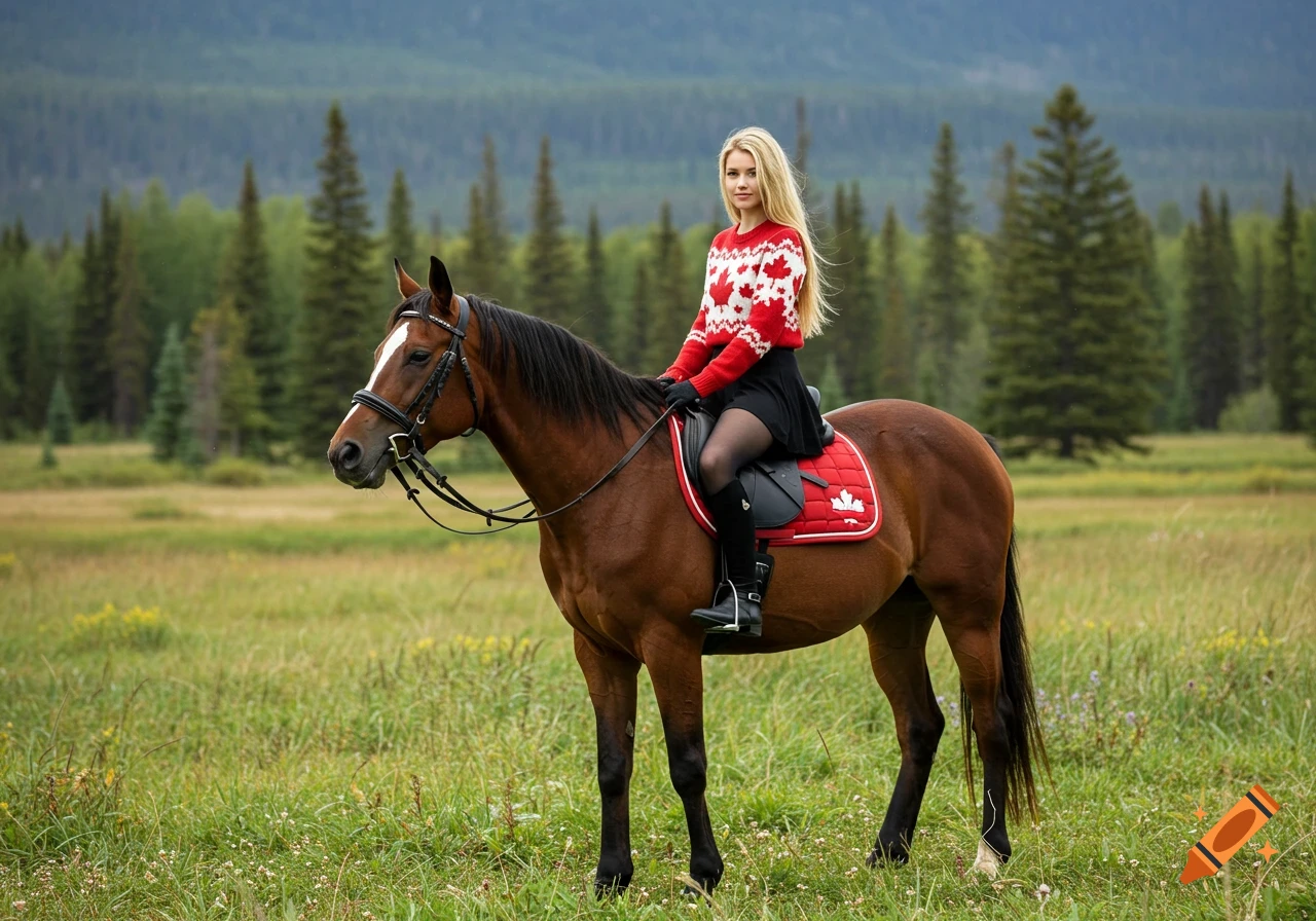 Woman riding a horse in a field, wearing a red sweater with maple leaves. Photorealistic style.