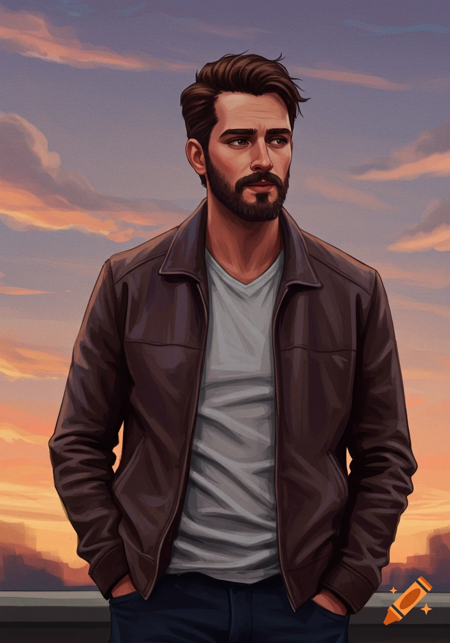 Digital painting of a man with a beard and leather jacket standing against a colorful sunset sky.