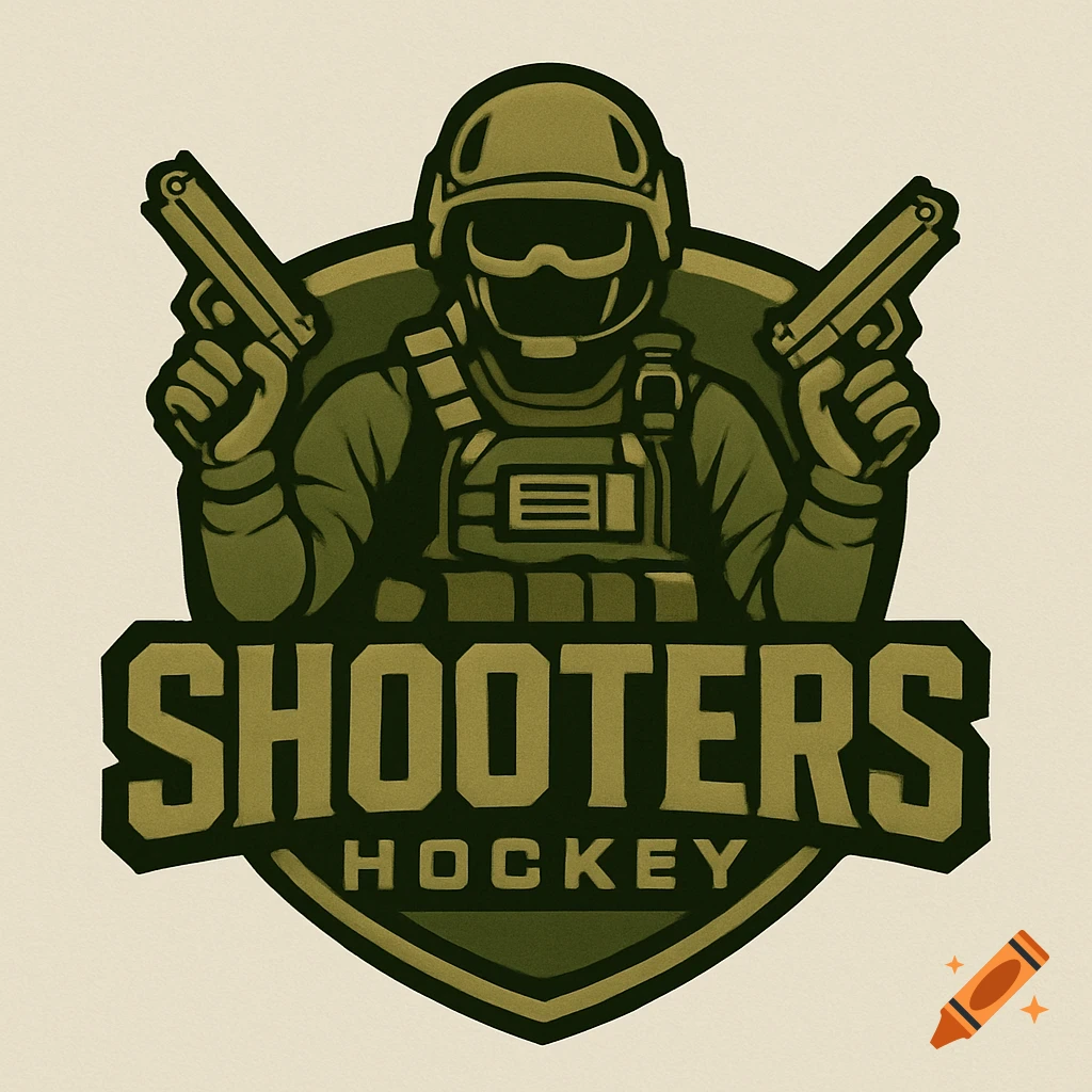 Logo of a tactical figure holding pistols with the text 'SHOOTERS HOCKEY'.