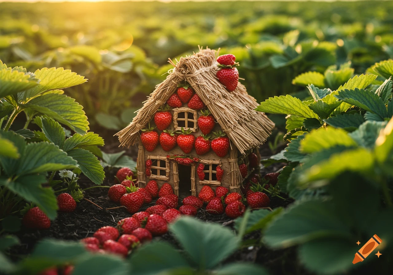 A miniature cottage made of strawberries and straw stands in a field of strawberry plants with a path of strawberries.