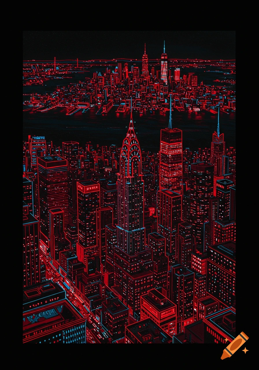 Neon red and blue stylized New York City skyline at night.