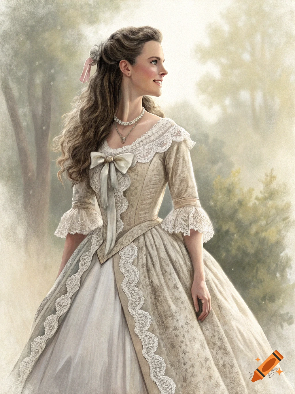 Painting of a woman in a detailed antebellum dress looking to the side.