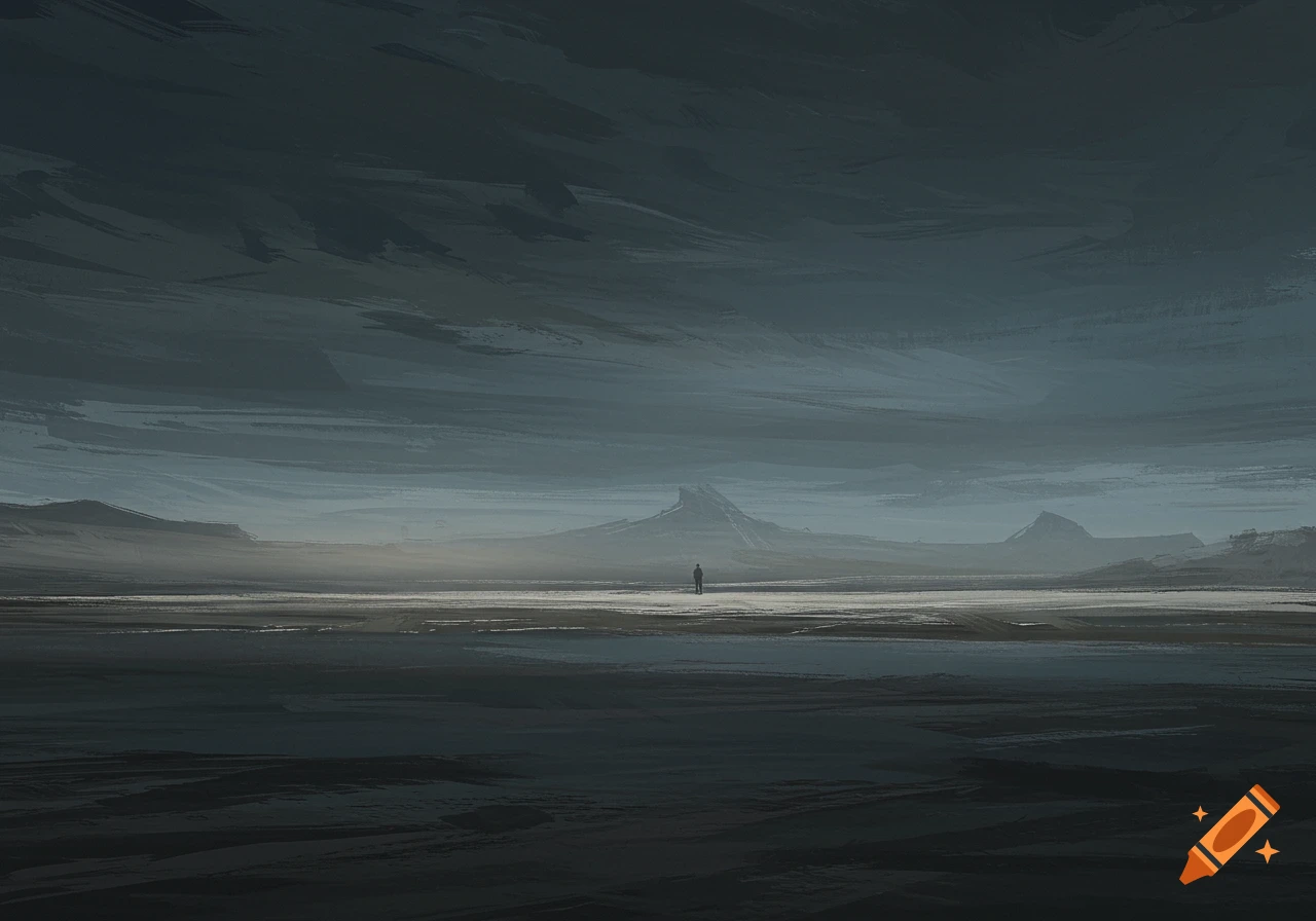 Digital painting of a lone figure in a dark, desolate landscape under a cloudy sky.