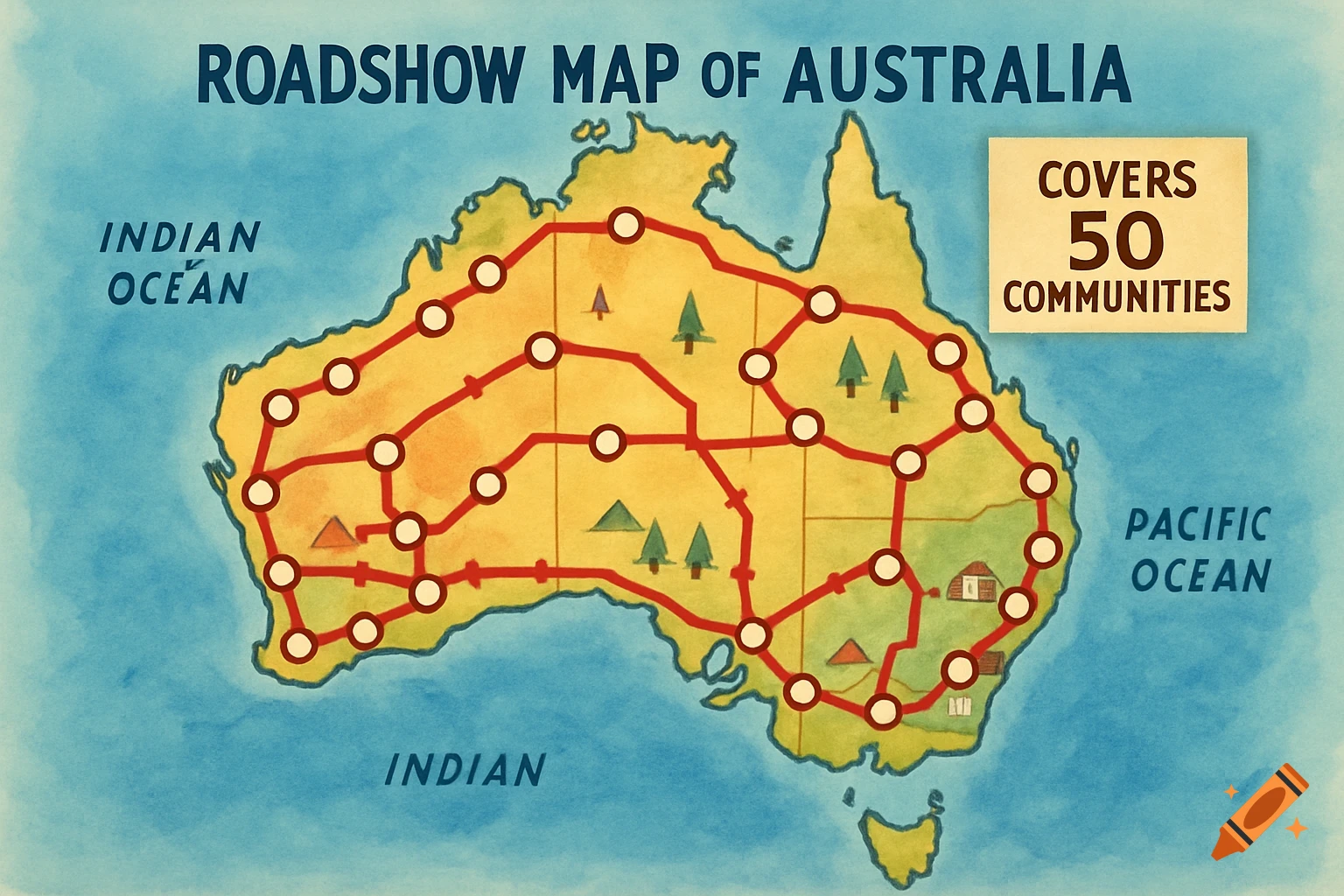 Watercolor-style roadshow map of Australia, showing routes connecting many communities. Text reads 'ROADSHOW MAP OF AUSTRALIA', 'COVERS 50 COMMUNITIES', 'INDIAN OCEAN', and 'PACIFIC OCEAN'.