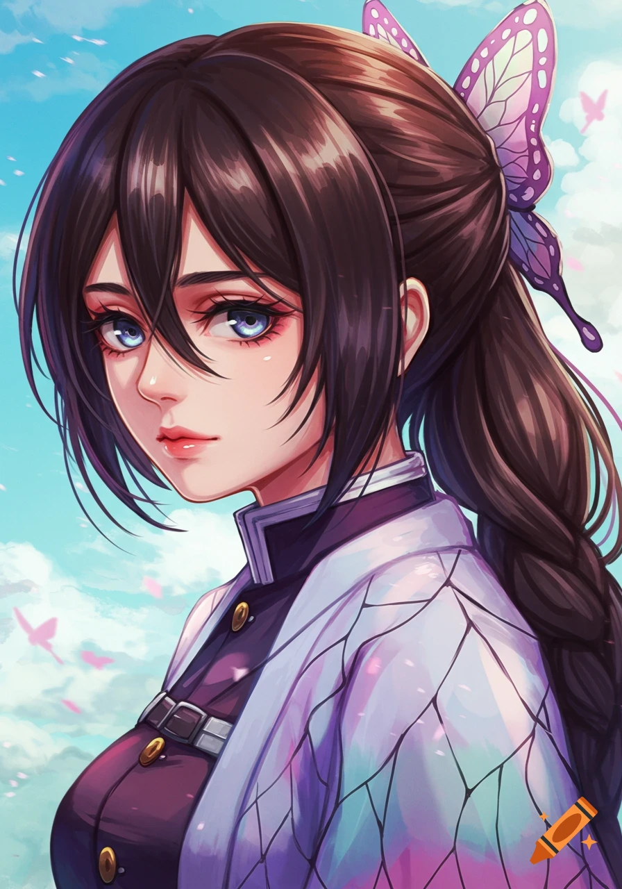 Anime portrait of a young woman resembling Kanao from Demon Slayer, with dark hair, blue eyes, butterfly accessory, and uniform.