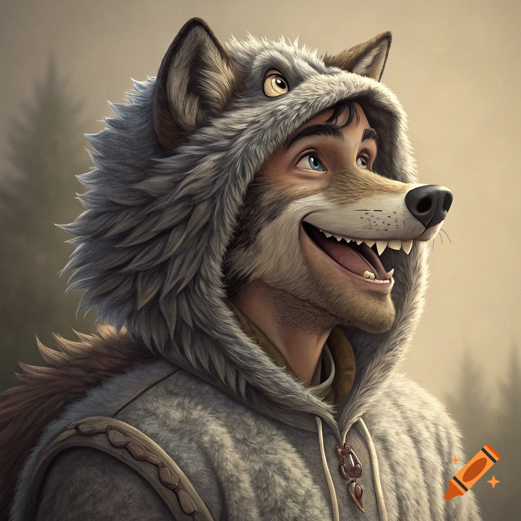 A person in a wolf costume or hood looks up and smiles.