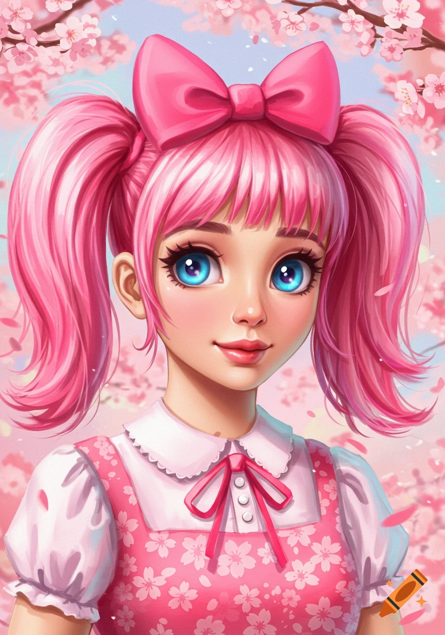 Anime-style human girl with pink hair in pigtails, blue eyes, wearing a pink dress, surrounded by cherry blossoms.