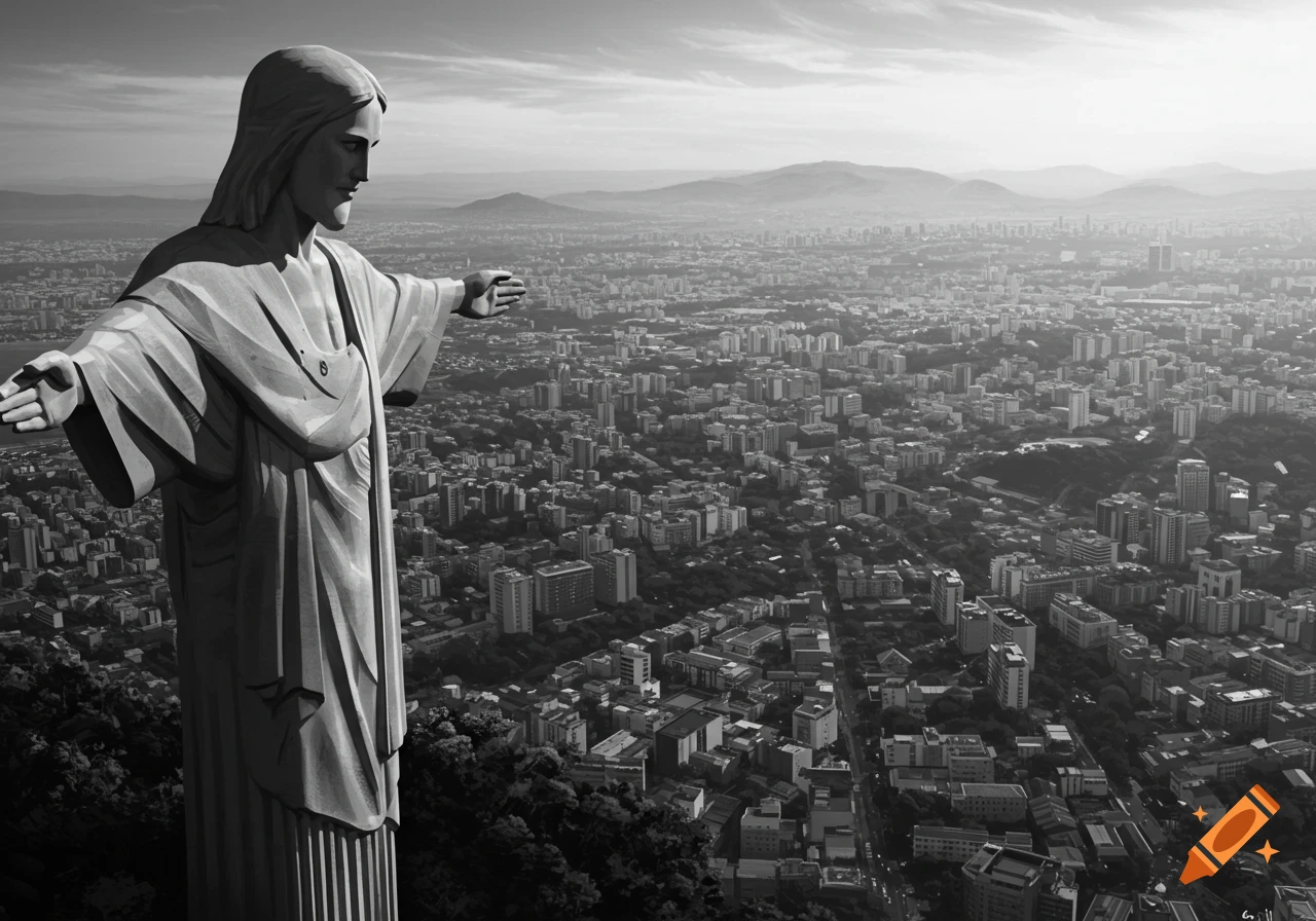 Black and white statue of Christ the Redeemer overlooking a city.