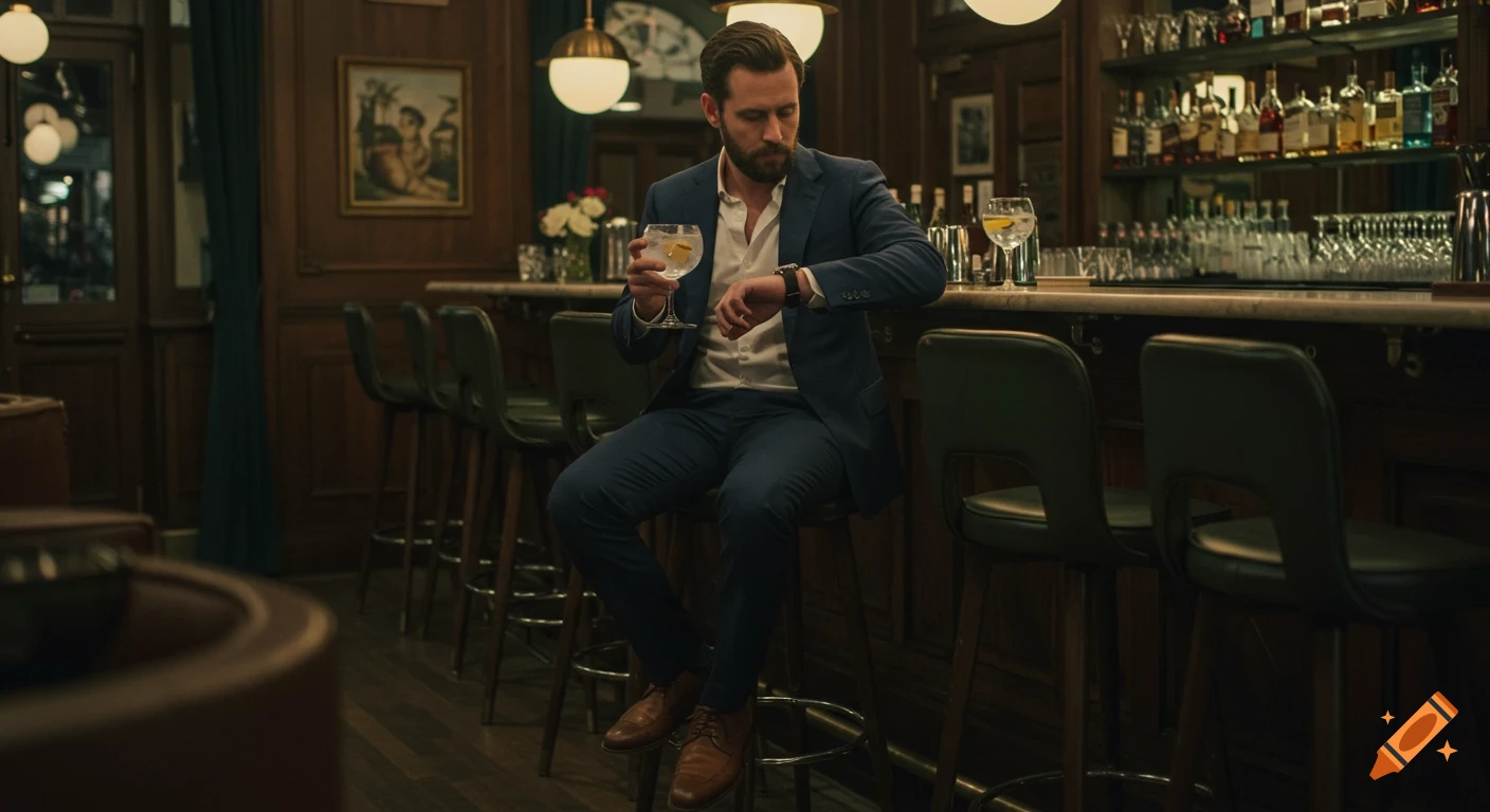 Cinematic photo of a man in a suit sitting at an upscale bar, holding a drink and checking his watch.