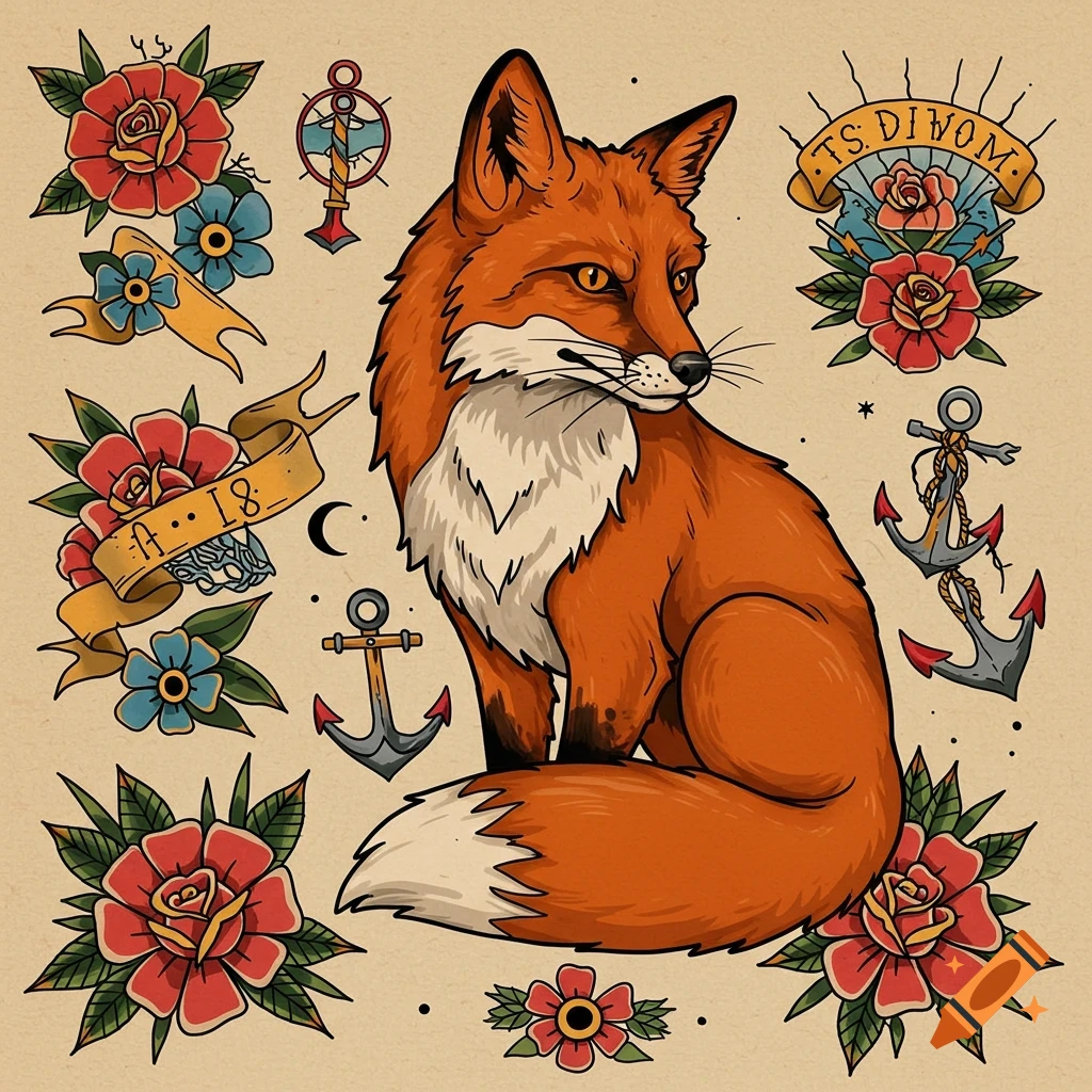 Traditional tattoo style illustration of a fox surrounded by roses, anchors, and banners.