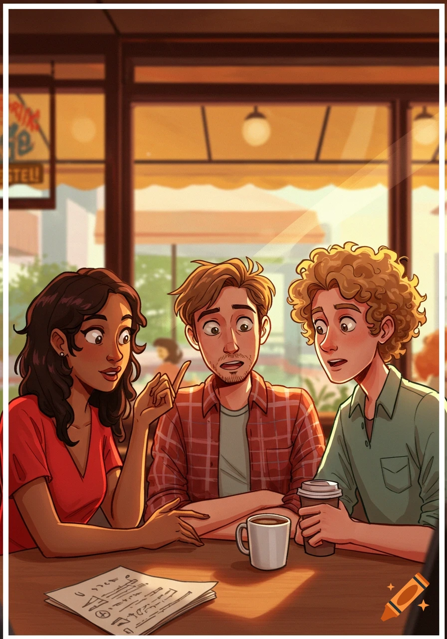 Illustration of three young adults discussing at a cafe table with papers and drinks.