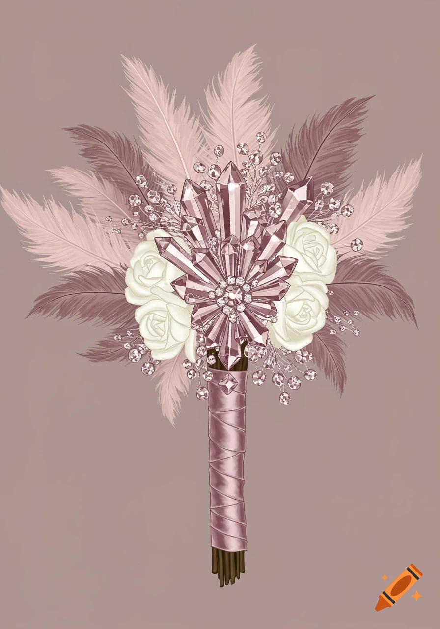 Illustration of a bouquet with feathers, crystals, and white roses