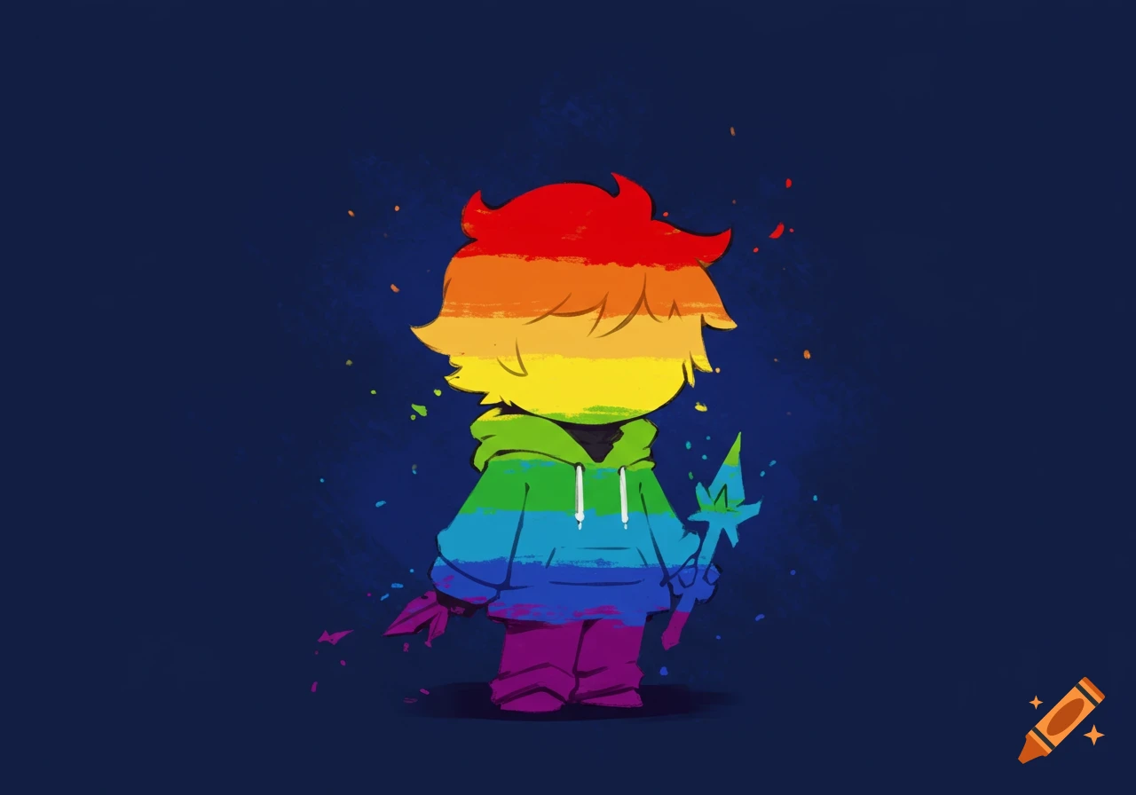 Stylized cartoon character with a rainbow silhouette stands against a dark blue background, holding sharp objects.