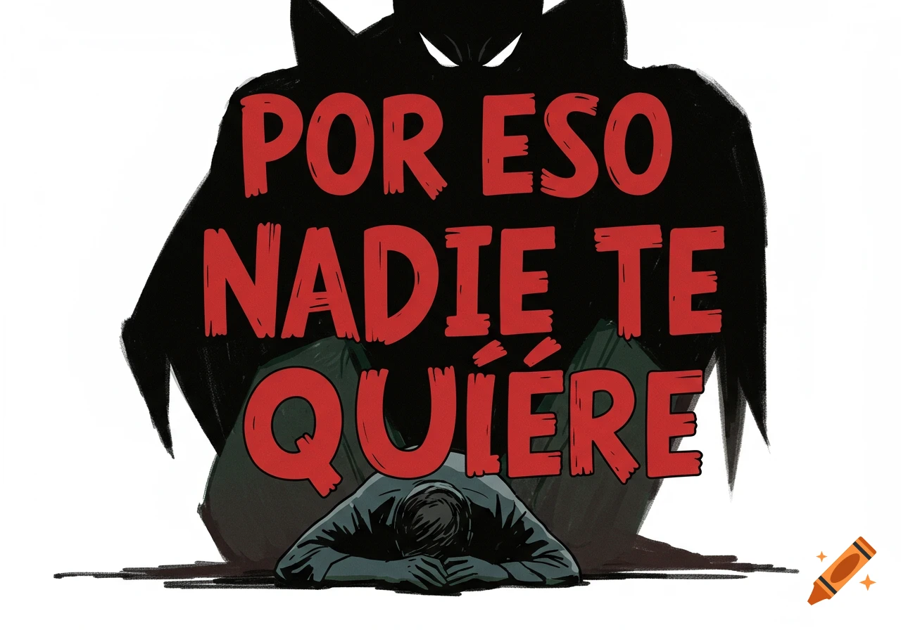 Illustration of a kneeling figure under a dark shape with "Por eso nadie te quiere" text.