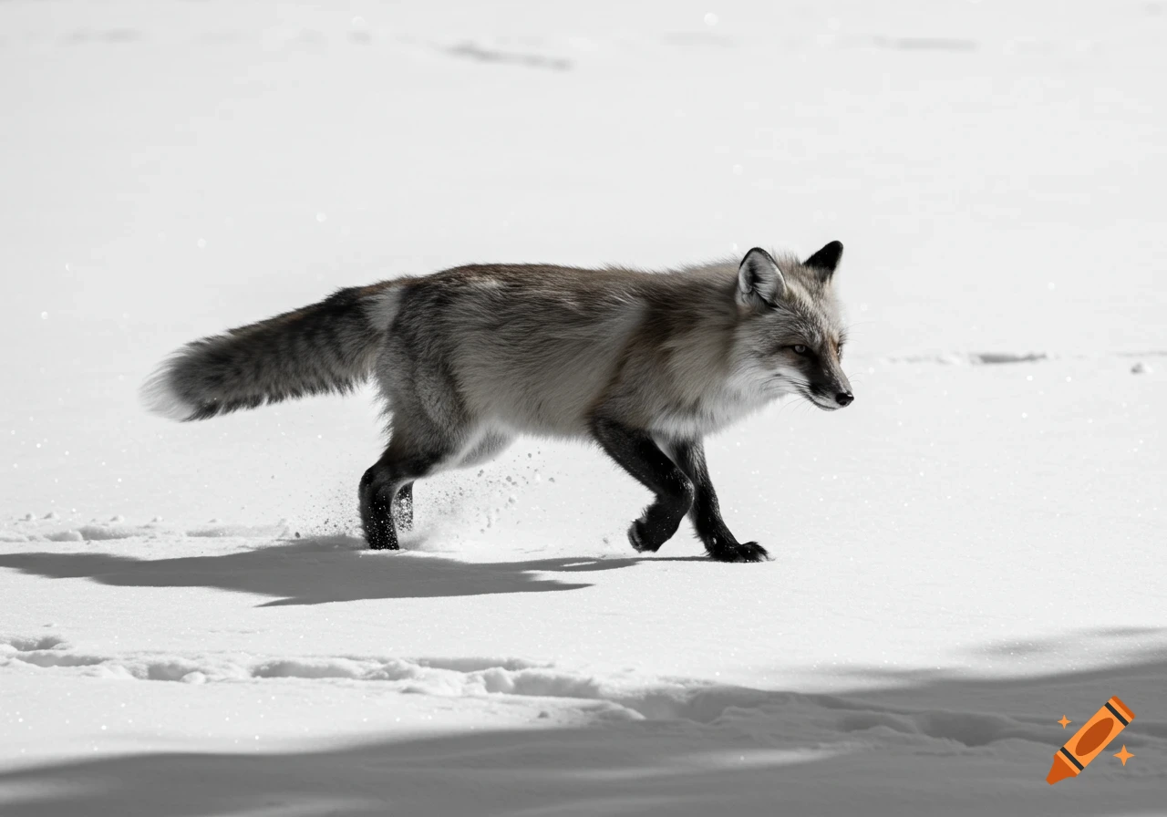 A fox runs through deep snow
