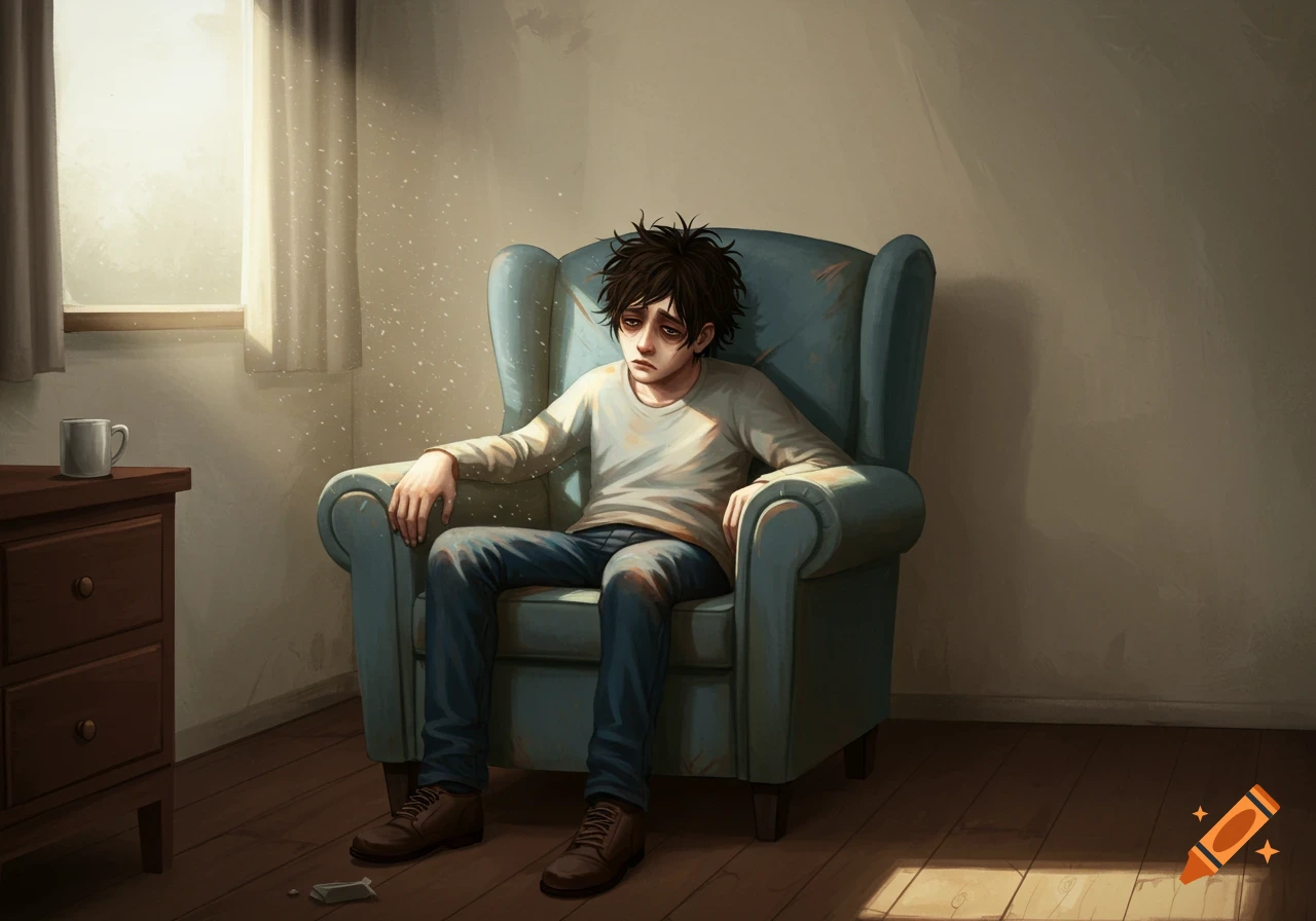 Digital painting of a sad person with messy hair sitting alone in a large armchair near a sunlit window.