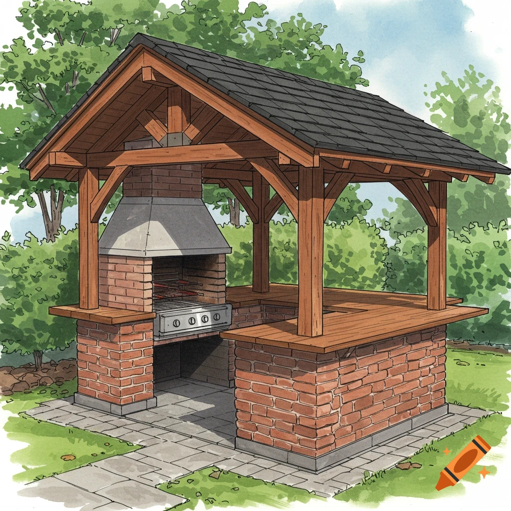 An illustration of a brick and wood built-in barbecue area with a roof.