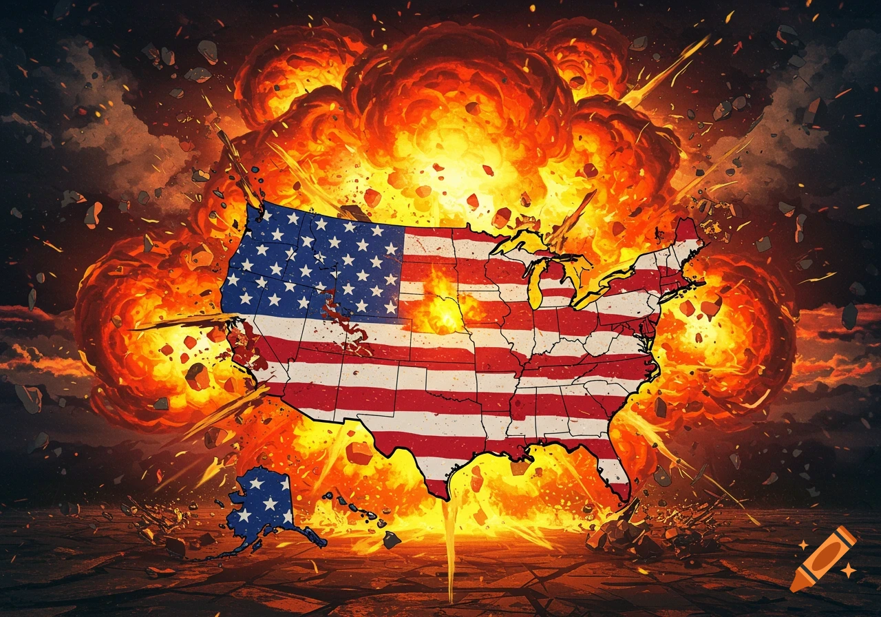 Stylized illustration of the United States map with a US flag exploding in a fireball