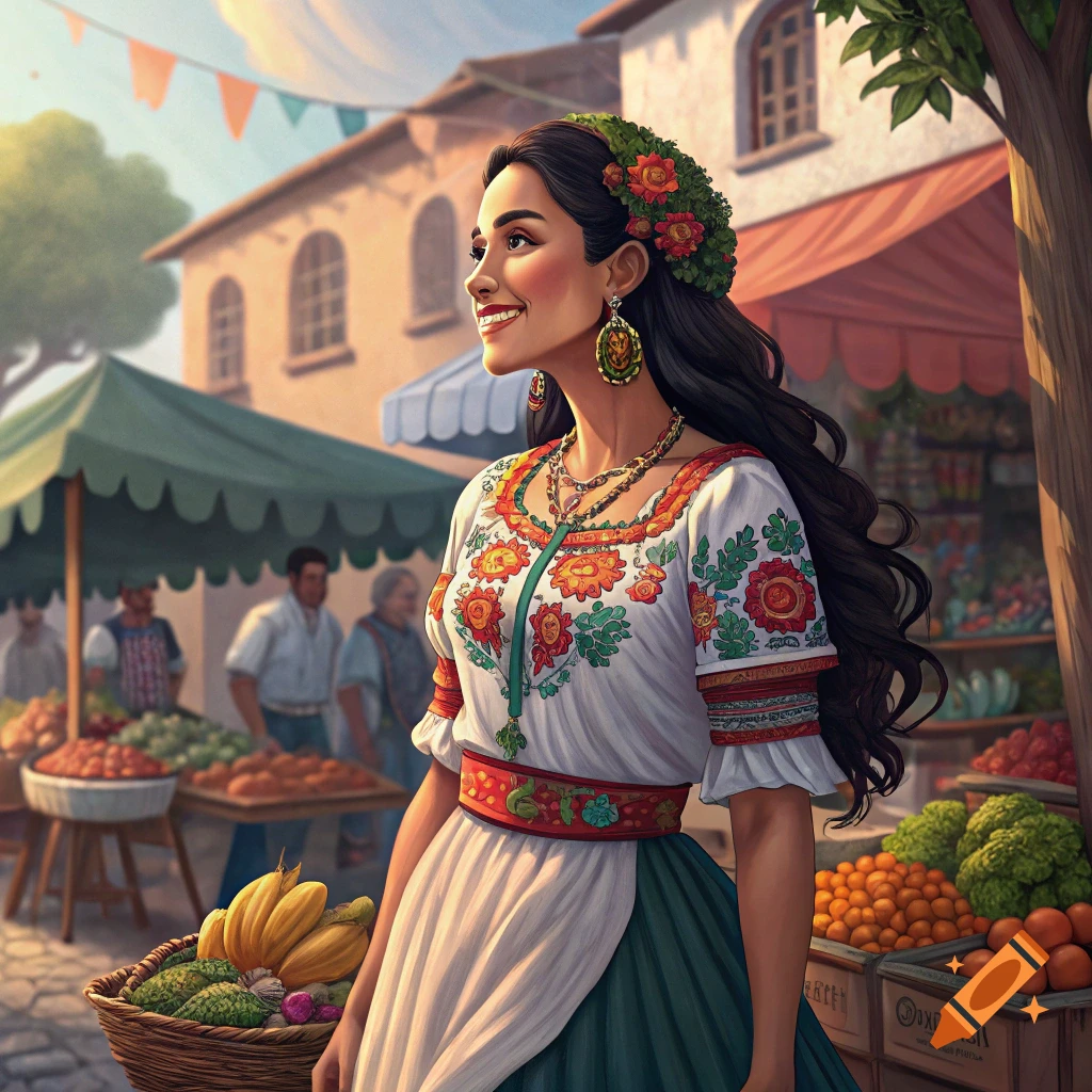A smiling Mexican woman in embroidered traditional dress and floral headpiece stands in a bustling market, looking up.