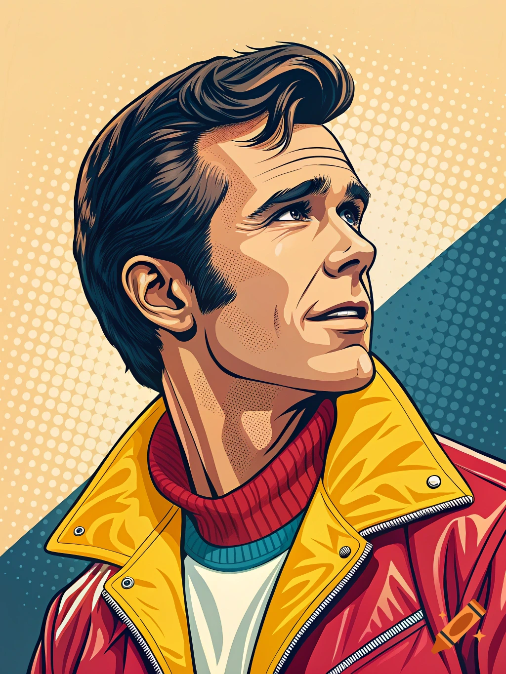 Pop art style portrait of a man in a red turtleneck and yellow-collared red jacket, looking up and to the side.