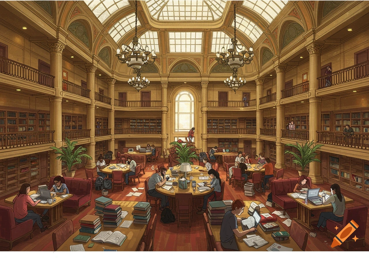Ornate, multi-level library study hall filled with people studying at tables, illustration