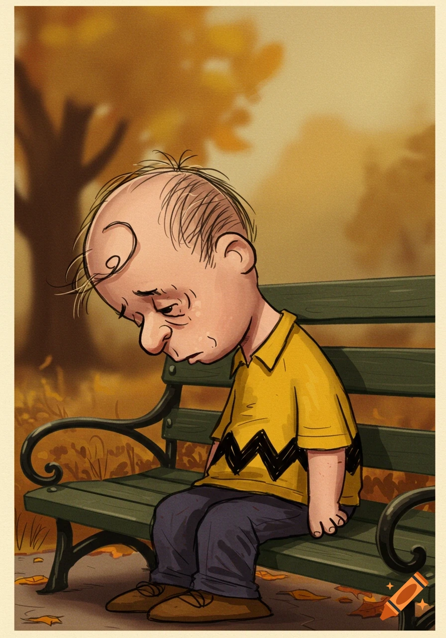 Drawing of an adult Charlie Brown sitting sadly on a park bench in autumn.