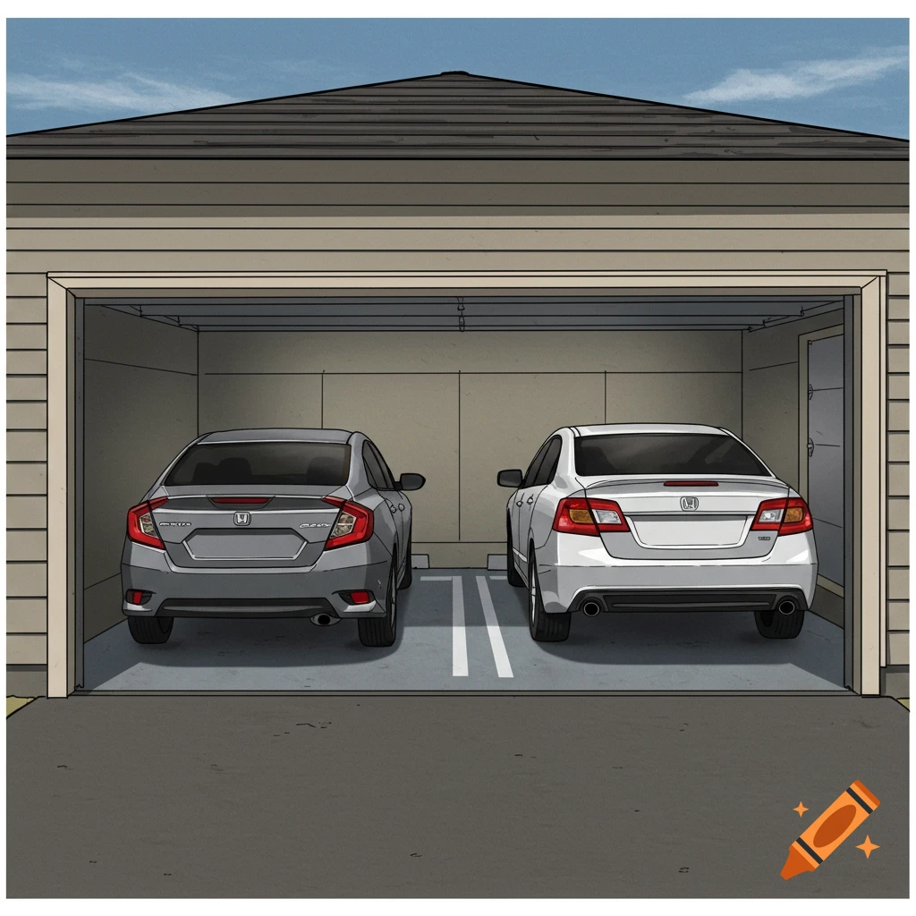 Illustration of two Honda Civics parked in tandem inside a garage