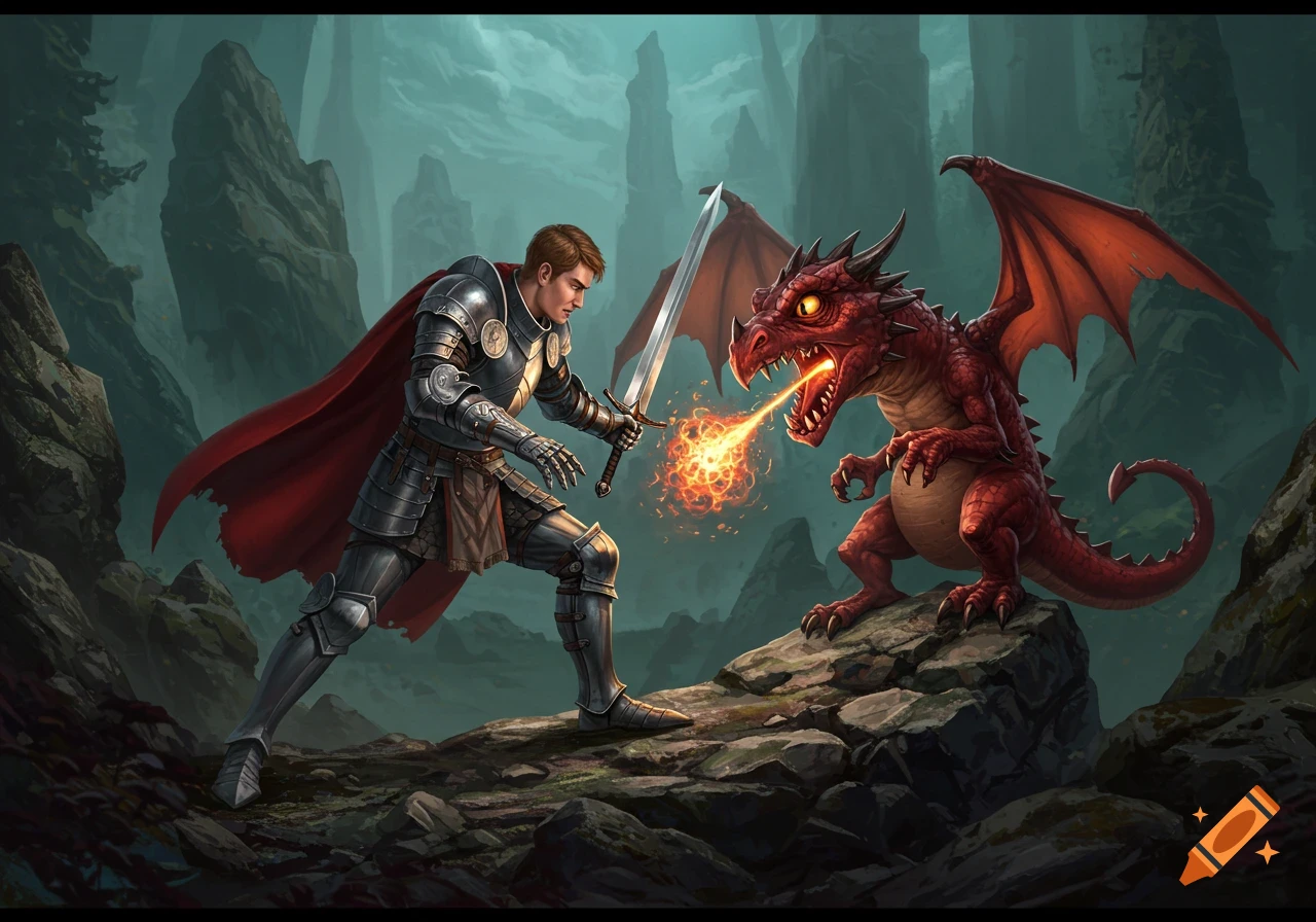 Knight fighting a red dragon breathing fire in a rocky landscape.