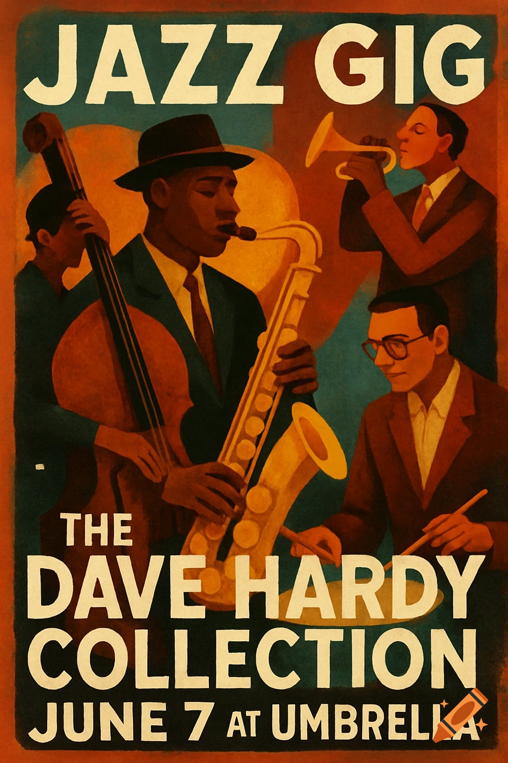 A stylized poster depicts a jazz band with musicians playing saxophone, double bass, trumpet, and drums. Text reads 'Jazz Gig, The Dave Hardy Collection, June 7 at Umbrella'.
