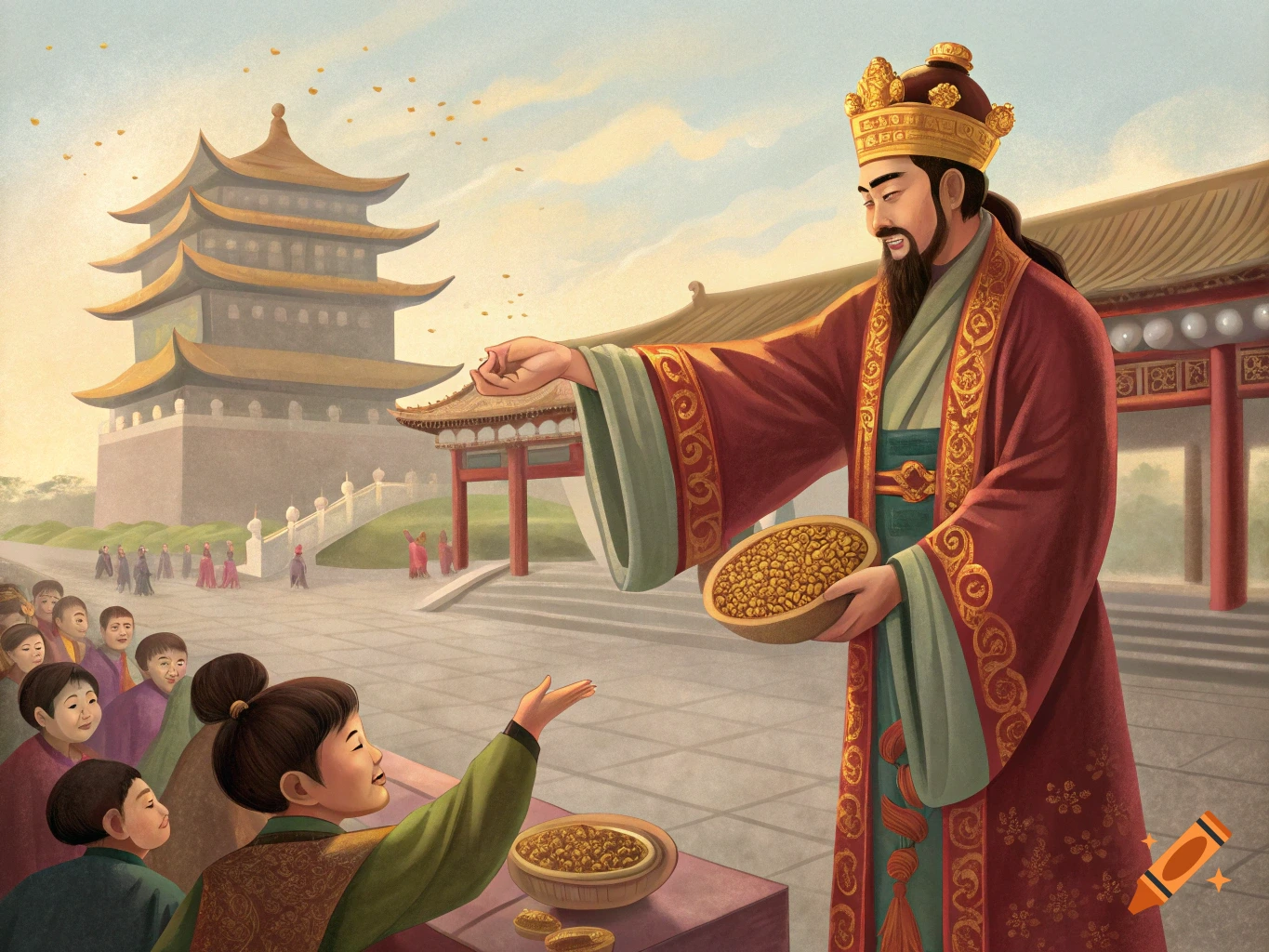 A Chinese emperor in ornate robes gives seeds from a bowl to a child in a crowd, in front of a palace building. Illustration style.