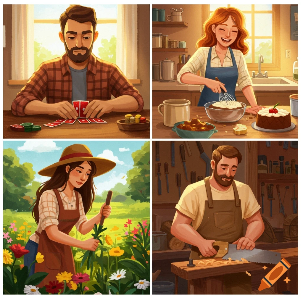 A four-panel illustration shows a man playing cards, a woman baking, a woman gardening, and a man doing carpentry.