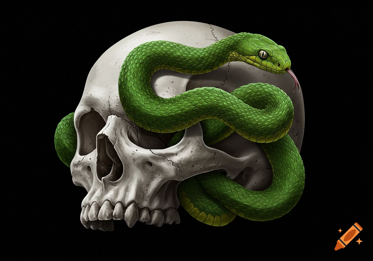 A green snake wrapped around a human skull.