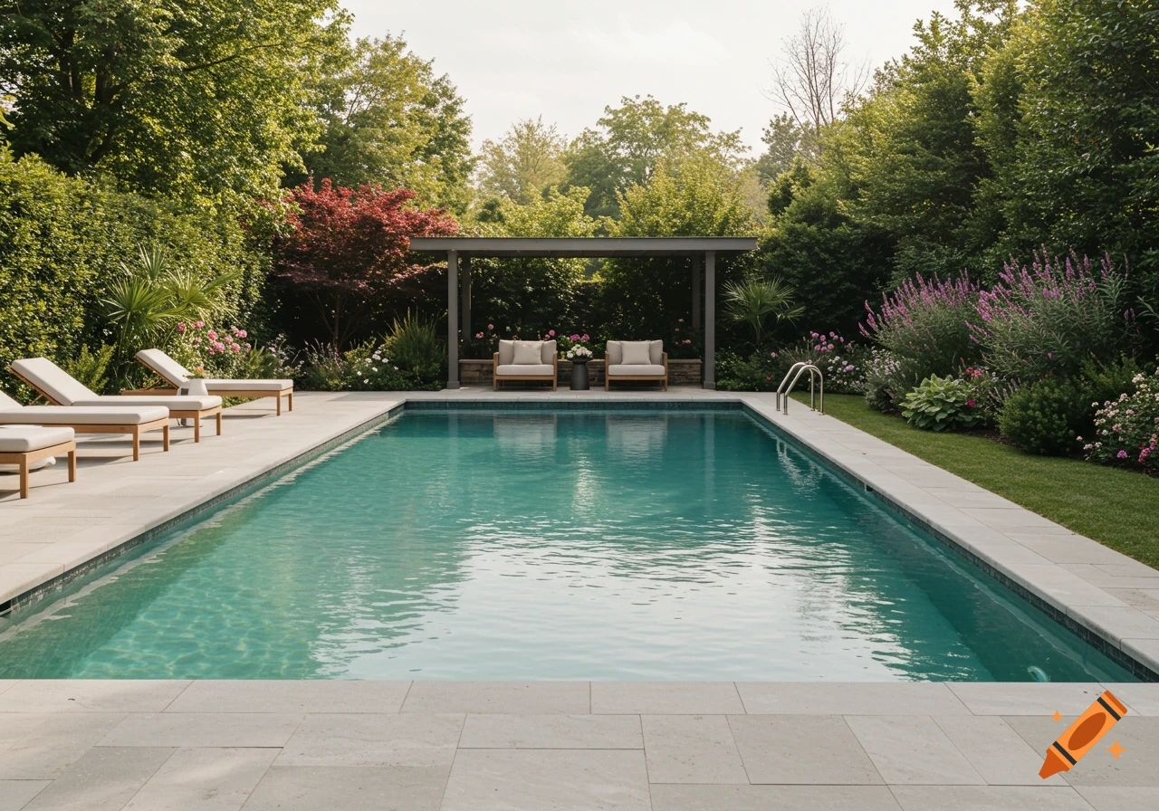 Photorealistic image of a swimming pool in a landscaped garden with lounge chairs and a seating area under a pergola.