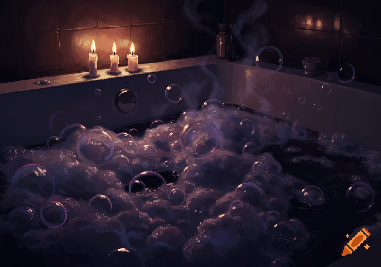 A dark, moody digital painting of a bubble bath lit by three candles.