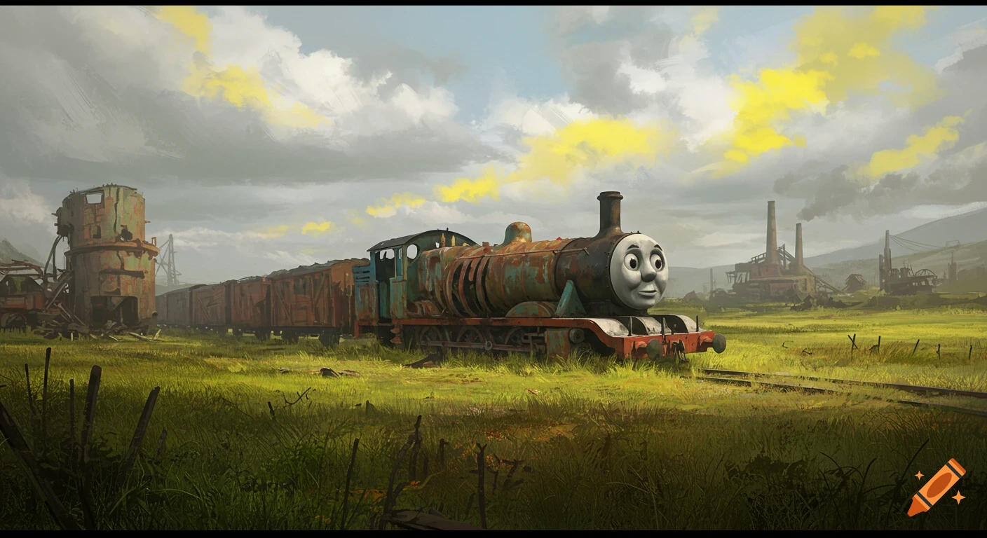 A rusty Thomas the Tank Engine train sits in an overgrown field in an abandoned industrial wasteland.