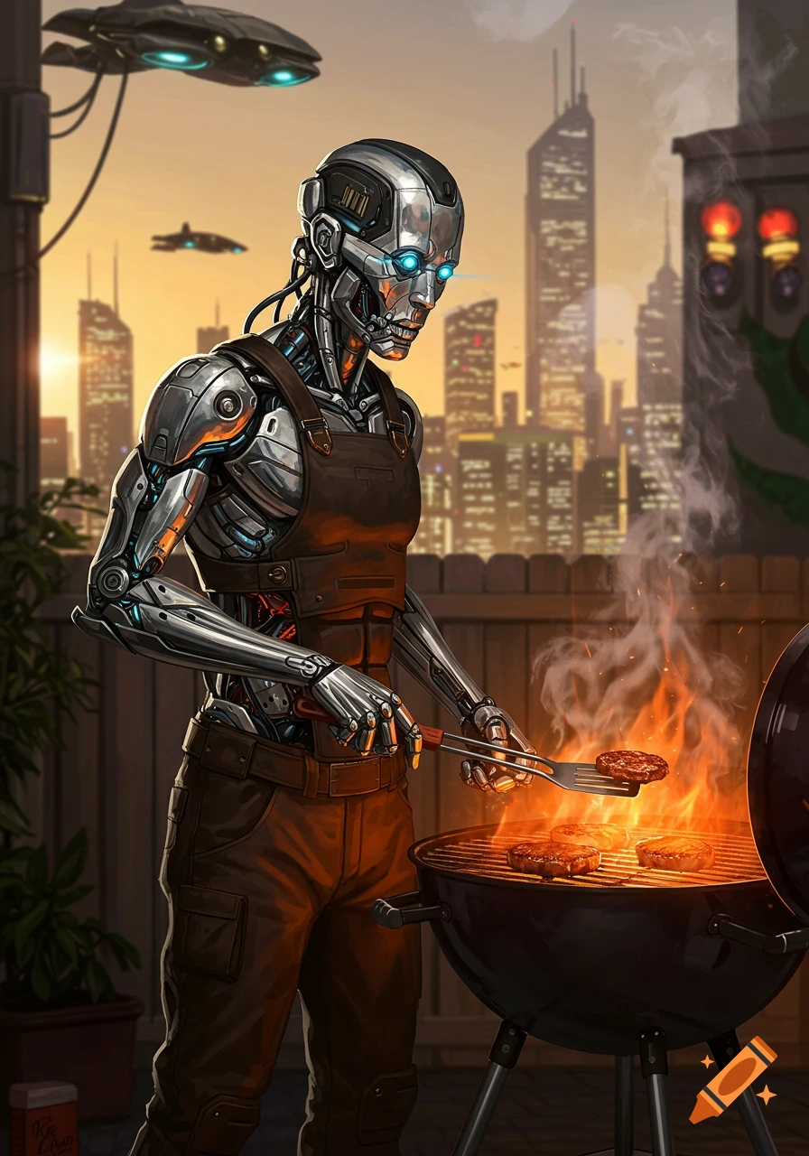 A detailed illustration shows a silver cyborg wearing an apron grilling hamburgers on a barbecue with a futuristic city skyline and sunset in the background.