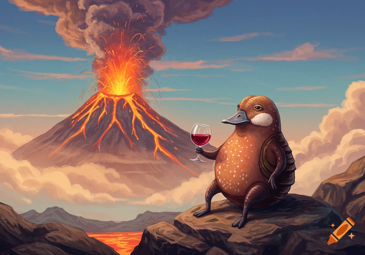 A cartoonish duck-like creature sits on a rock, holding a glass of red wine, with an erupting volcano behind it.