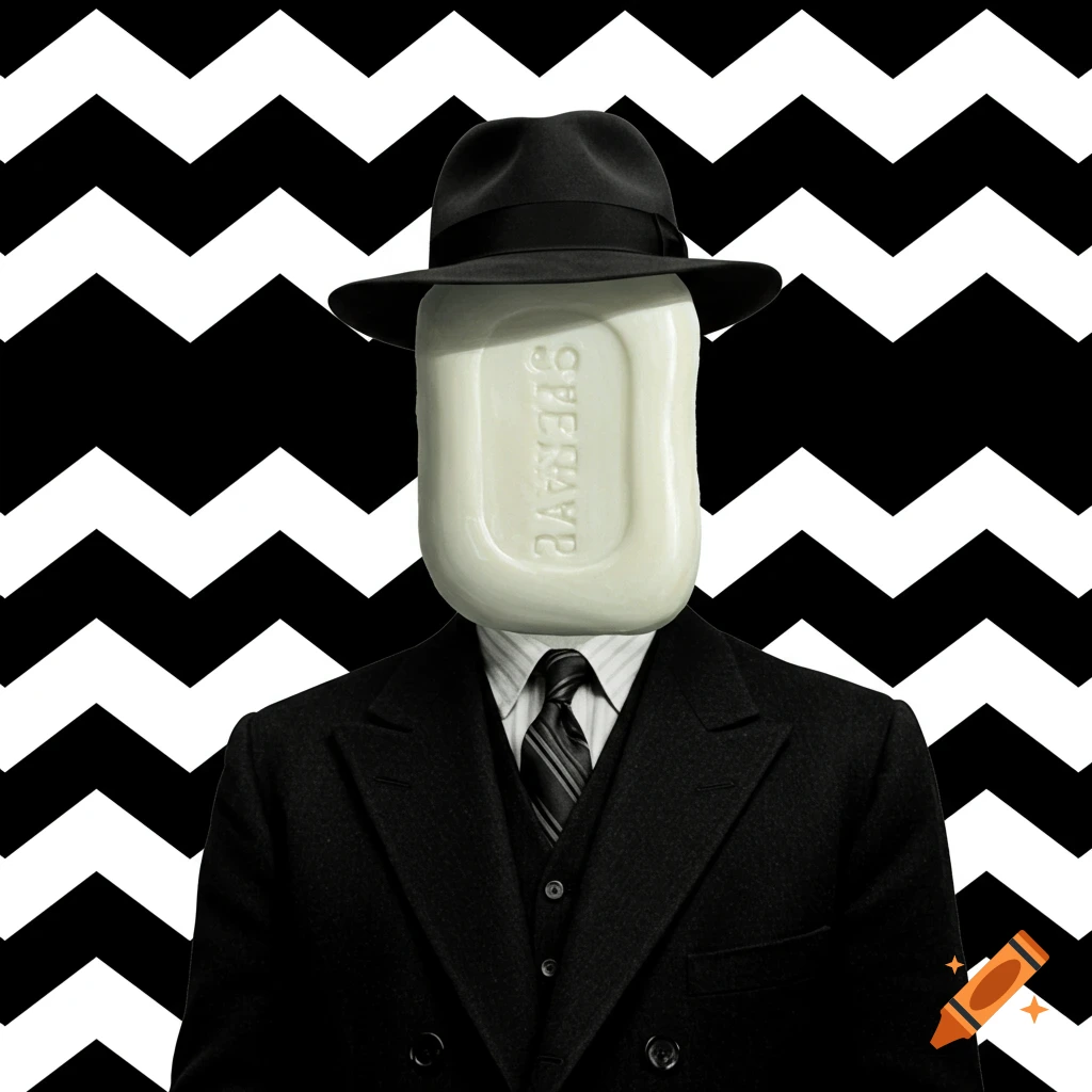 A man in a suit and fedora with a bar of soap for a head against a black and white zigzag background