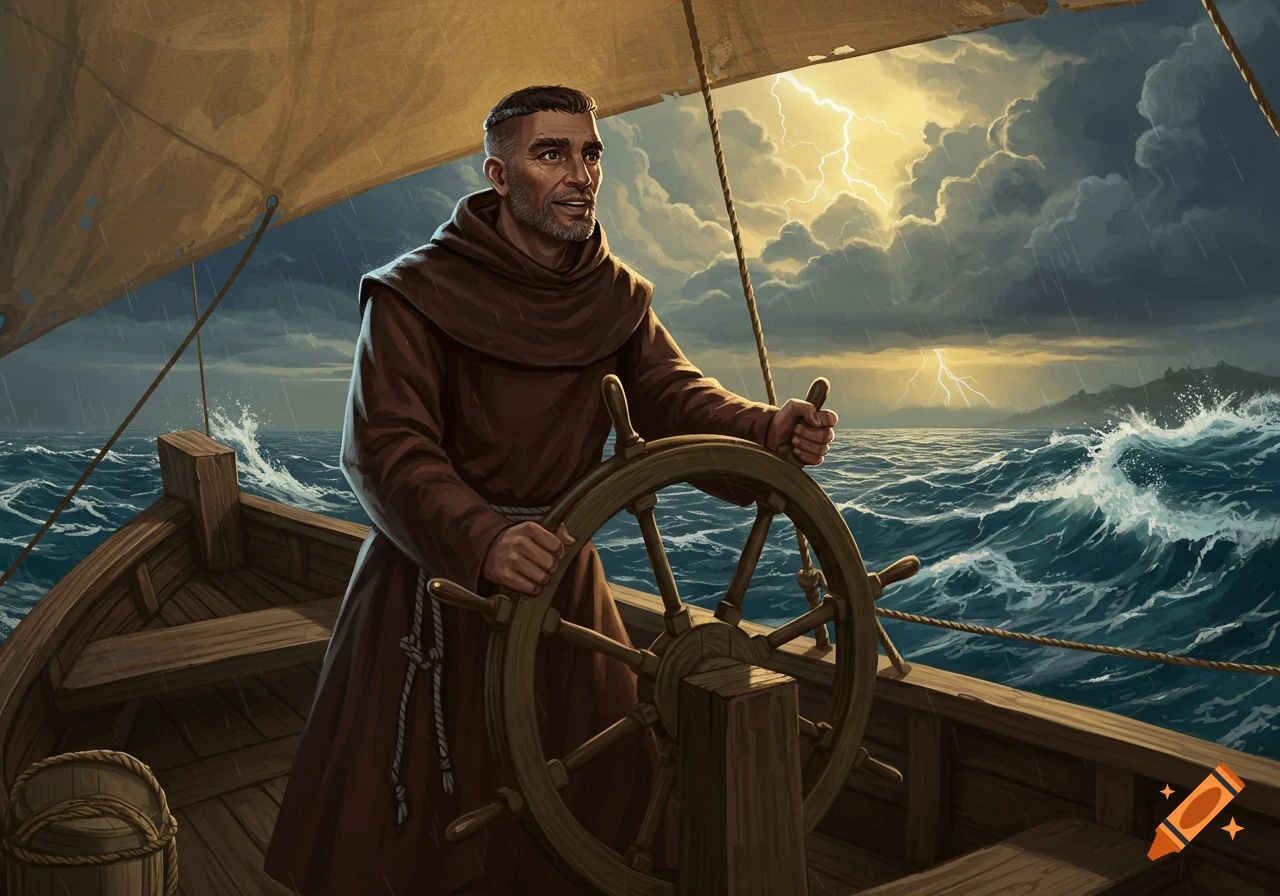 A monk in a brown robe steers a wooden sailboat on a stormy sea with lightning in the background, digital illustration.