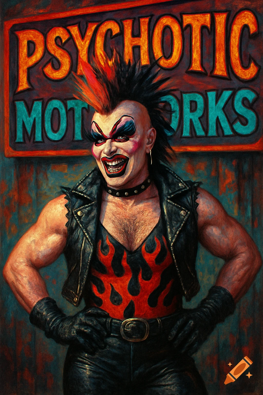 A vibrant painted portrait of a drag punk character with dramatic makeup and mohawk wearing a leather vest and flame top, standing in front of a sign that reads "Psychotic Motoworks".