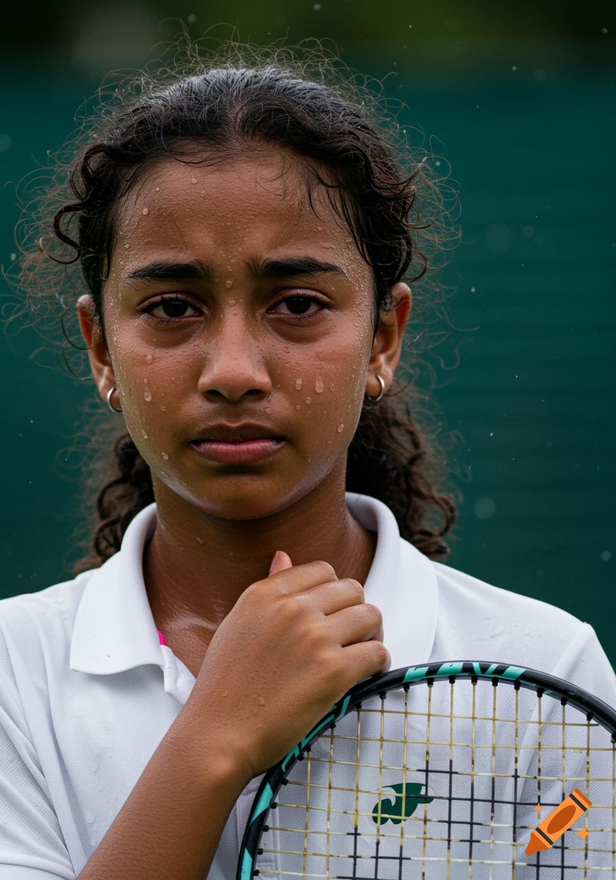 A closeup portrait of a young tennis player with water droplets on their face, holding a racket.