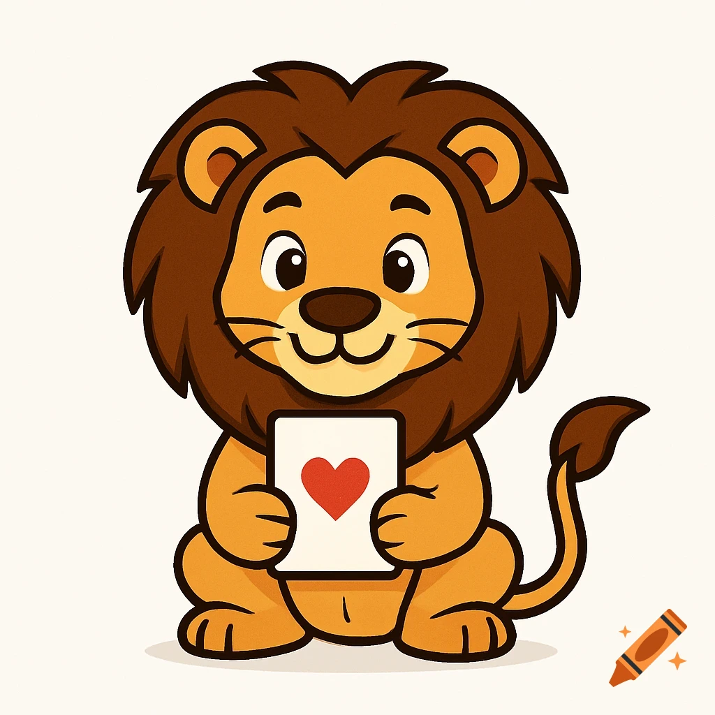 Cartoon lion holds a card with a red heart.