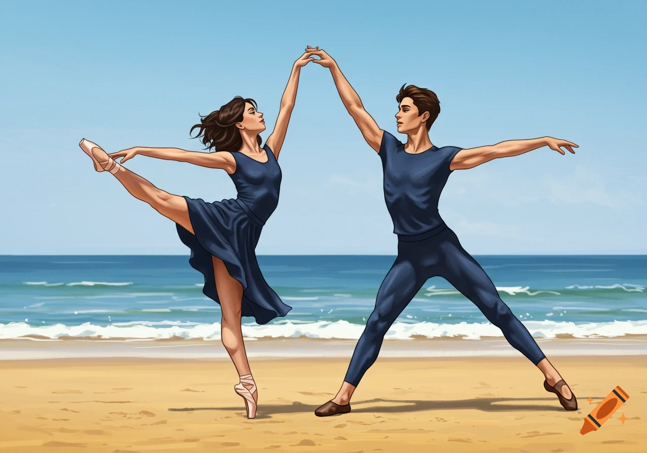 A couple performs ballet on a sandy beach with the ocean and blue sky in the background.