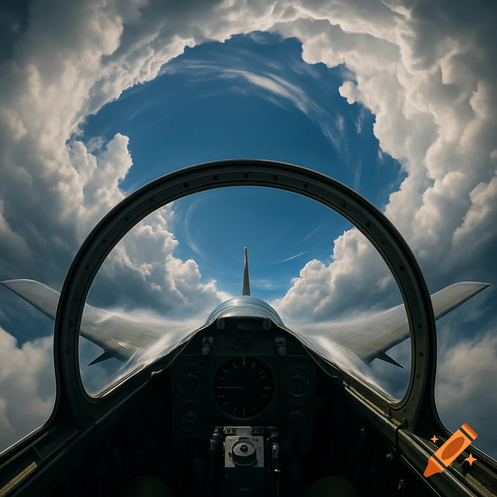 View from a fighter jet cockpit looking up through a gap in swirling clouds at the blue sky.