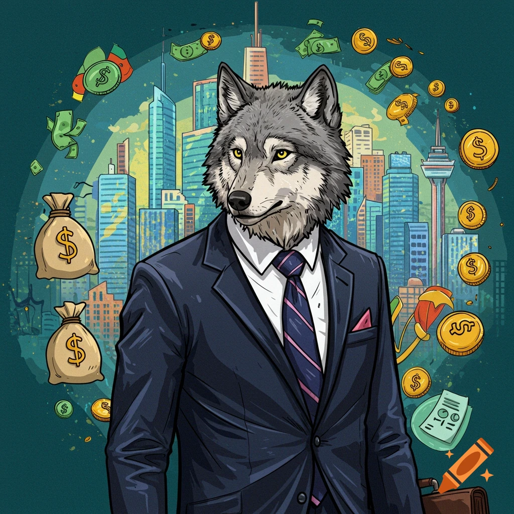 Stylized illustration of a wolf in a business suit standing before a city with money floating around.
