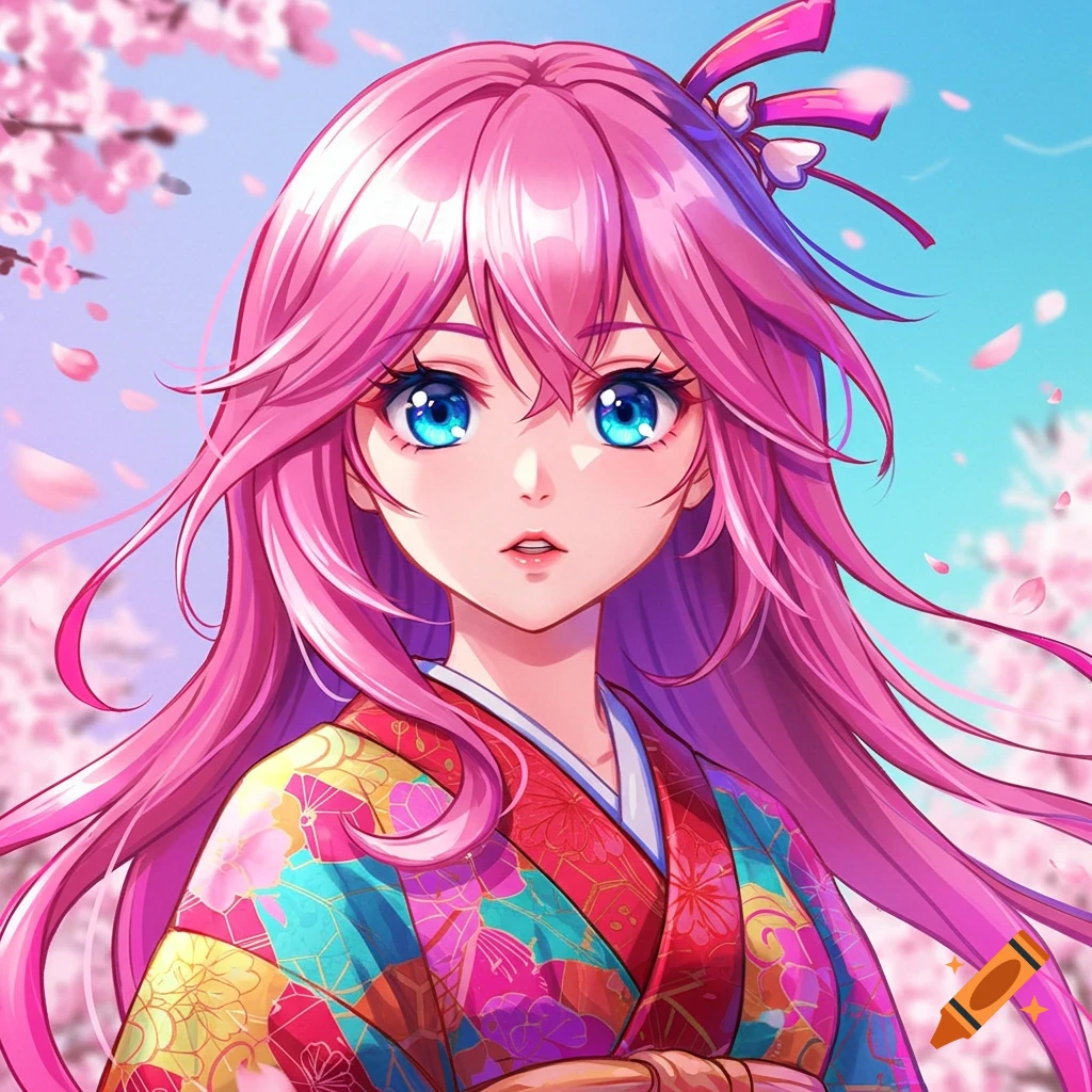 Anime portrait of a girl with pink hair and blue eyes wearing a kimono under cherry blossoms.