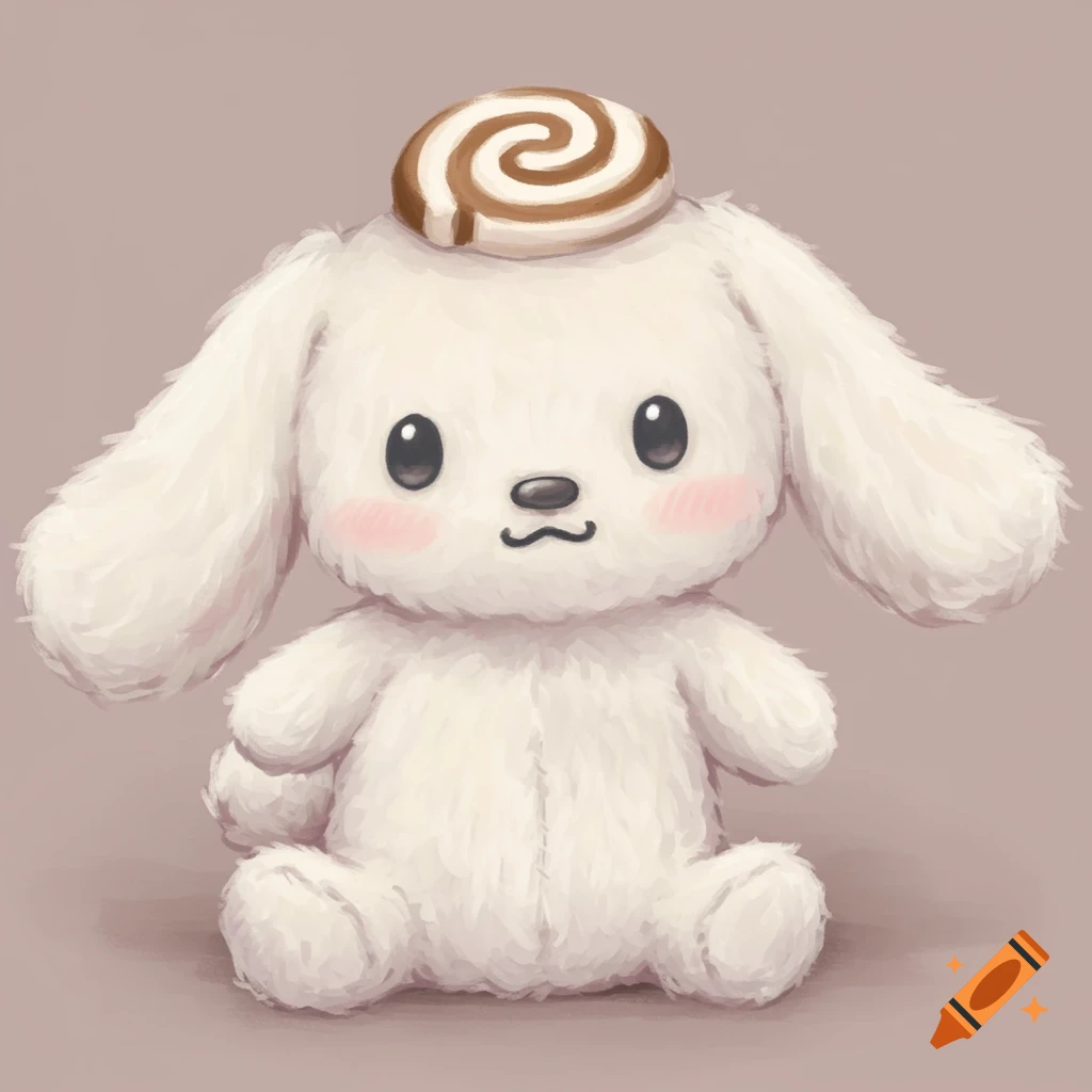 A cute fluffy white dog plush toy with big ears and a cinnamon roll on its head, digital art.