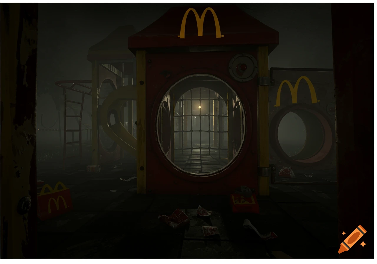 Dark and foggy view of a creepy, abandoned McDonald's playground at night