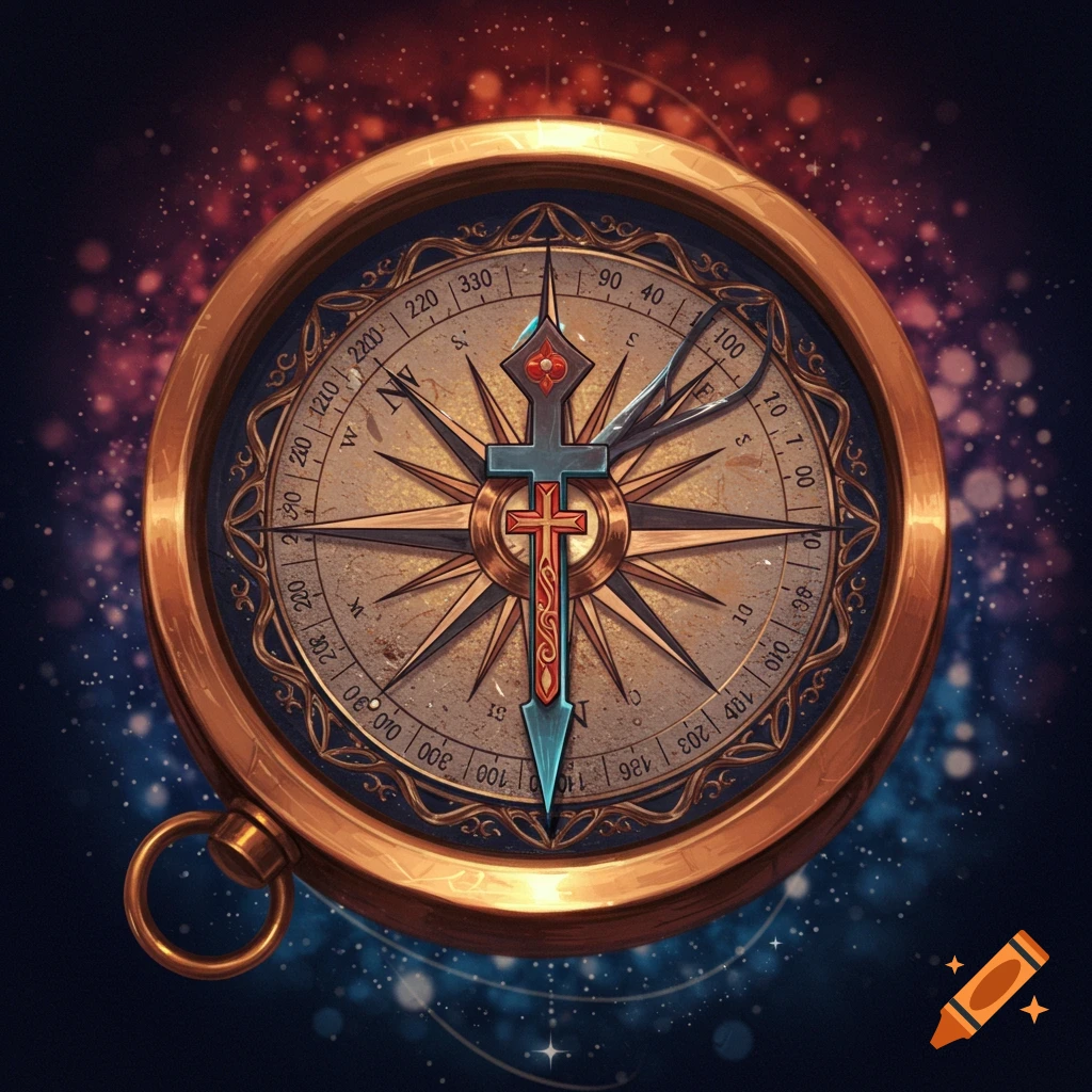 Detailed golden compass with a cross needle on a dark, sparkly background, fantasy illustration style.